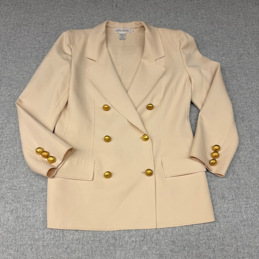 Mila Schön Blazer Size 44 Beige Wool Silk Double Breasted Gold Logo Button Italy